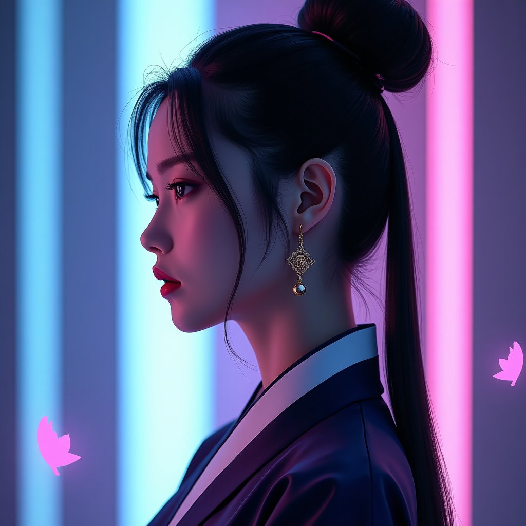 Hanbok-Inspired Demon Hunter Portrait example: Cinematic fantasy character photo. Profile/avatar crop with the face filling most of the frame, shoulders angled slightl