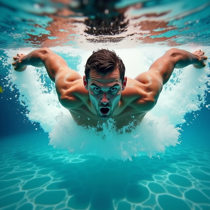 AI-generated photo: Photorealistic underwater action portrait photography. The subject drives forward in a powerful brea...