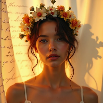 Wildflower Crown Poet Portrait in Golden Hour Light example: Photorealistic fine-art poetcore portrait photography. Unexpected creative variation with a clear face framed by a wildf