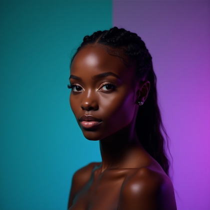 AI-generated photo: Photorealistic studio portrait. The subject is standing in a minimalist studio, framed from mid-ches...