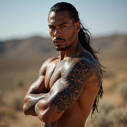 AI-generated photo: Photorealistic photography of a man with a half sleeve tattoo featuring a striking tribal design. Th...