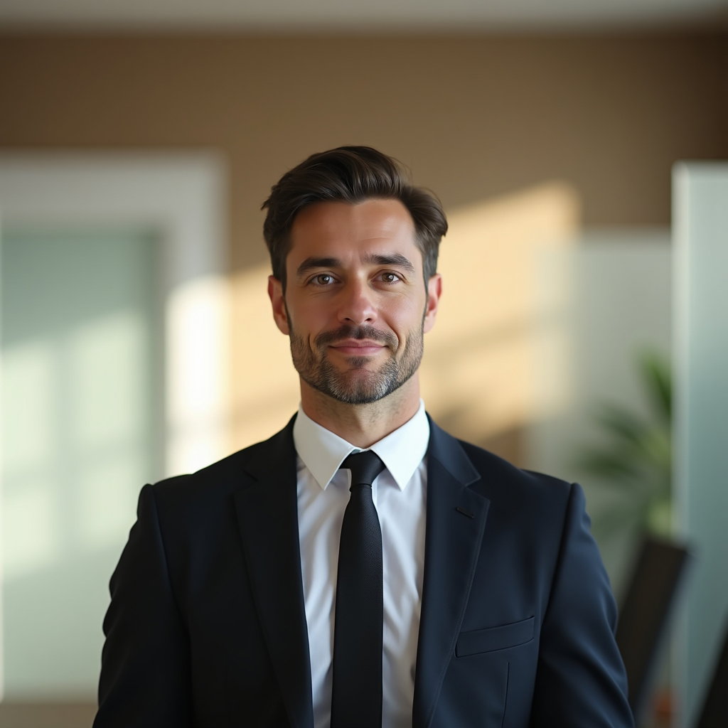 AI-generated photo: Professional headshot in a minimalist private office featuring a frosted acrylic divider casting dia...