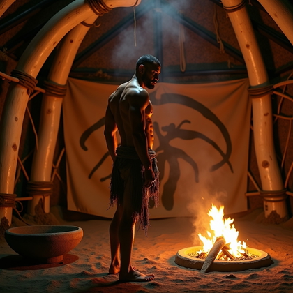 AI-generated photo: Photorealistic low-key fitness photography inside a mammoth-bone shelter, where a shallow stone fire...