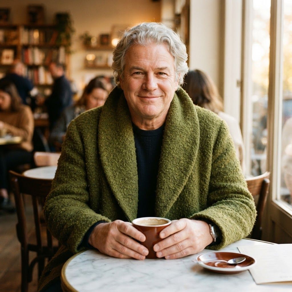 Oversized Collar at a City Café: Straight-on, seated waist-up portrait at a small marble café table.