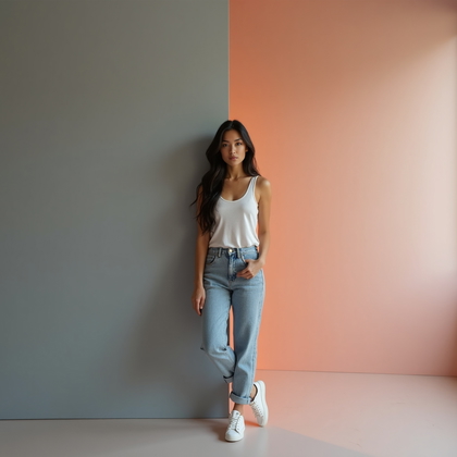 AI-generated photo: Photorealistic studio portrait. The subject is positioned near a corner where two seamless backdrops...