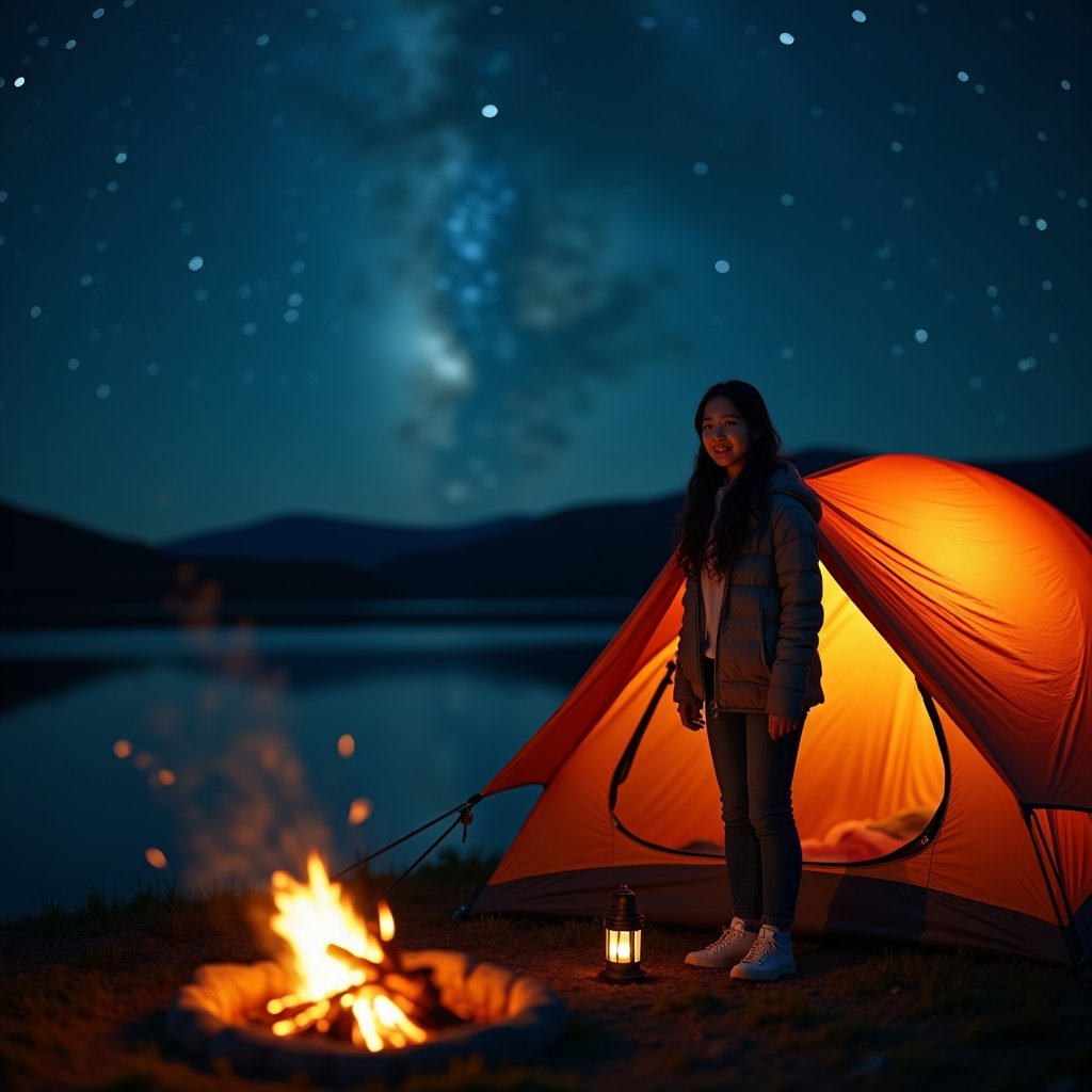 AI-generated photo: Photorealistic night portrait photography. A person stands just inside the open flap of a dome tent,...