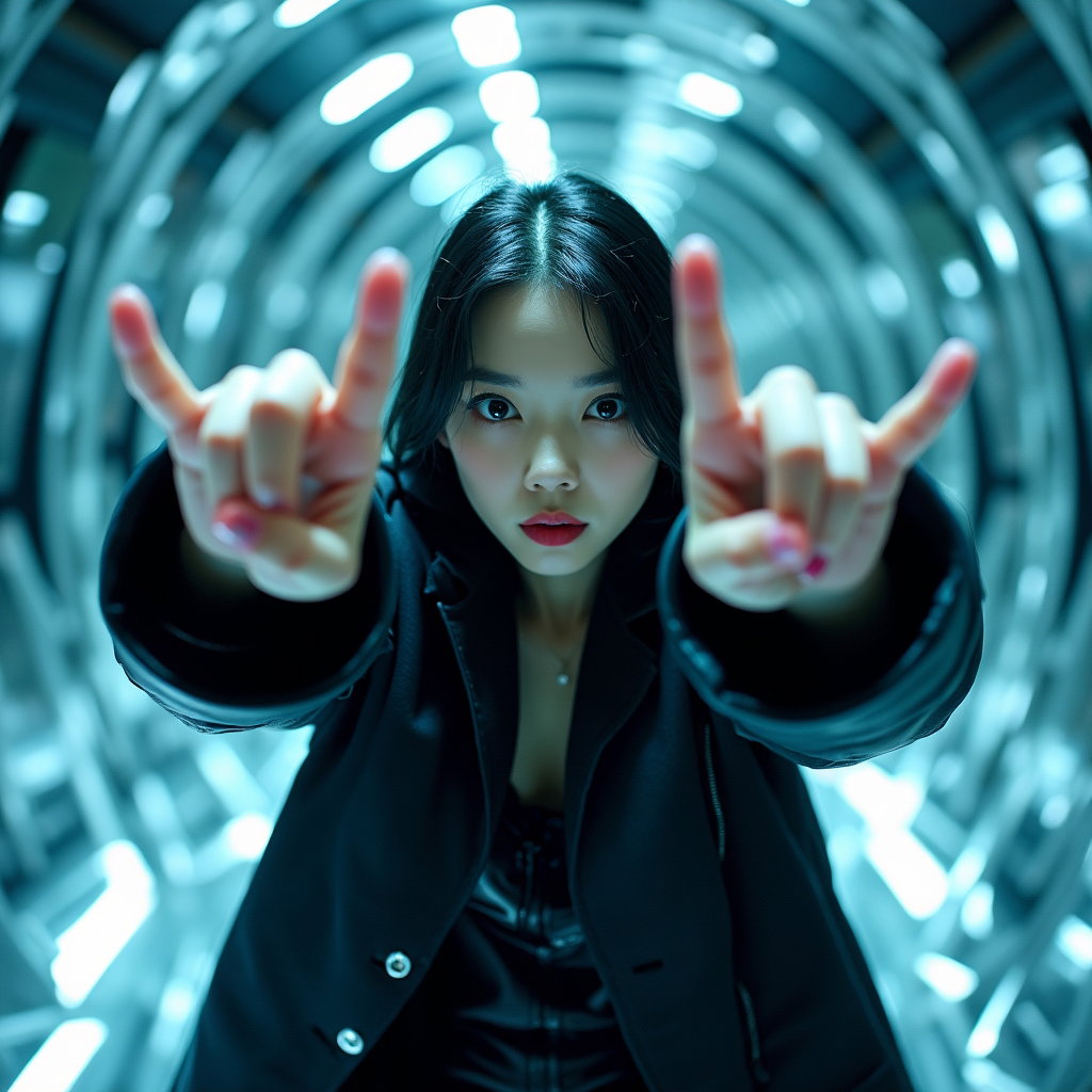 Sacred Seal Hand-Pose Portrait example: Cinematic K-pop fantasy action portrait photography. Dynamic demon-hunter portrait in a fractured mirror corridor, the s