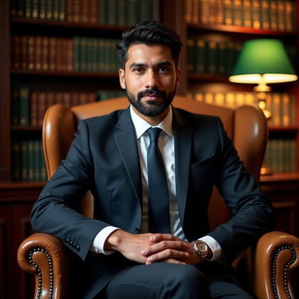 Corporate portrait photo in a private executive library lined with floor-to-ceiling shelves, brass ladder rail, and green banker lamps casting elegant pools of light. The subject sits slightly forward on a leather armchair, forearms resting lightly on thighs in an engaged posture, shoulders angled toward the lens, face fully visible with a calm, authoritative expression. Lighting is classic and controlled: a soft key shaping the face, negative fill to deepen contour on the shadow side, and a delicate rim from a lamp behind to define silhouette. The background is tastefully softened to keep attention on the face while preserving the texture of book spines and architectural details. Framing is waist-up with precise vertical alignment and balanced headroom, crisp business wardrobe with refined textures suitable for senior leadership branding.
