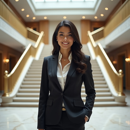 LinkedIn photo. Corporate HQ lobby headshot with a grand marble staircase and brass balustrade rendered in tasteful blur, composed chest-up with the subject centered and the staircase axis running symmetrically behind for a prestige feel. Tailored suit jacket with a subtle pocket square and minimal jewelry, posture tall with chin level and an assured, welcoming expression. Skylight daylight provides soft overhead ambience, shaped by a gentle key from camera-left and a delicate back kicker from the stairwell to etch clean contours. Finely controlled color balance preserves the cream stone and warm metal tones for a premium executive aesthetic.