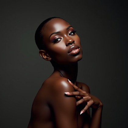 AI-generated photo: Photorealistic editorial beauty portrait photography, three-quarter close-up against a matte, deep-t...