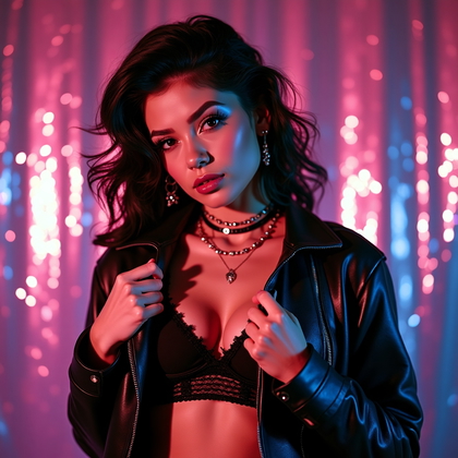 AI-generated photo: Photorealistic 1980s glam rock studio portrait photograph styled like a vintage magazine cover, half...