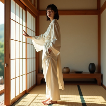 AI-generated photo: Photorealistic fashion portrait photography. The subject stands barefoot on tatami near the center o...