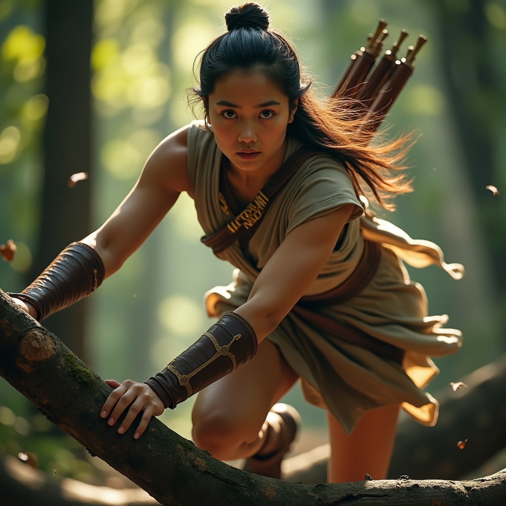 Solo Atalanta Huntress Action Portrait example: Cinematic Greek myth portrait photography. Motion/action portrait of a solo archer vaulting over a fallen tree while tur