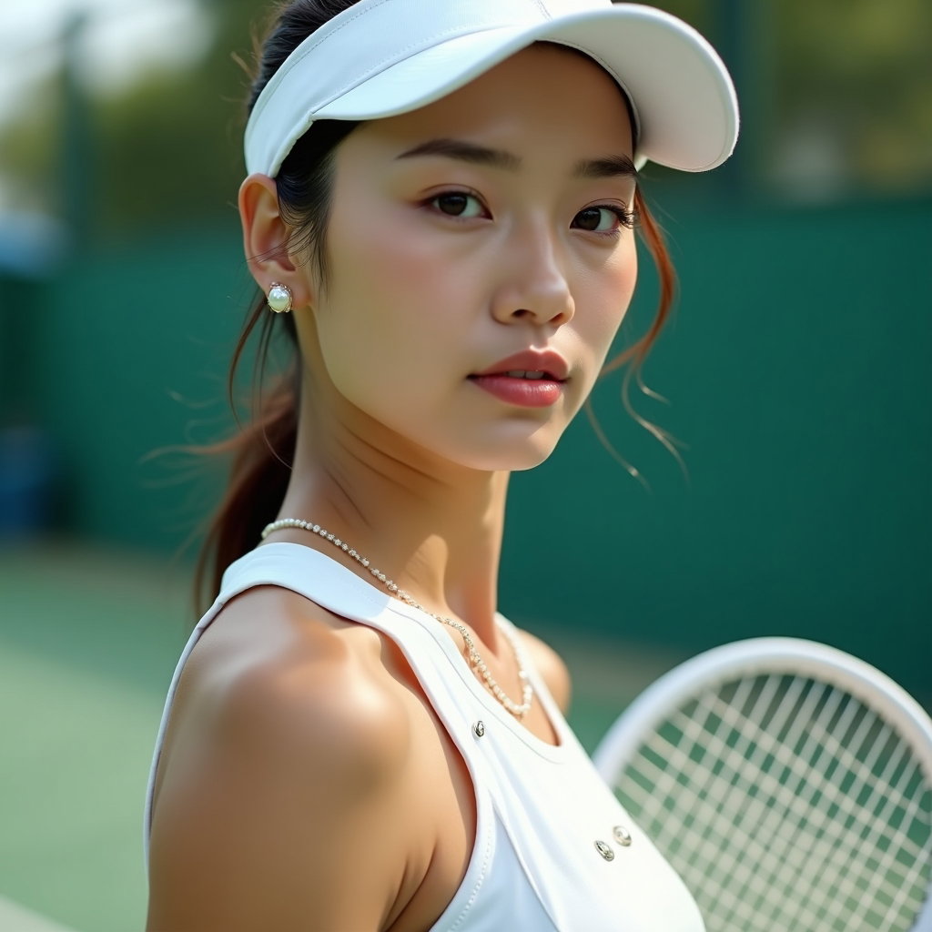 Classic White Tennis Dress Court Portraits example: Photorealistic fashion portrait photography, close-up court portrait with the subject holding a white tennis racket near