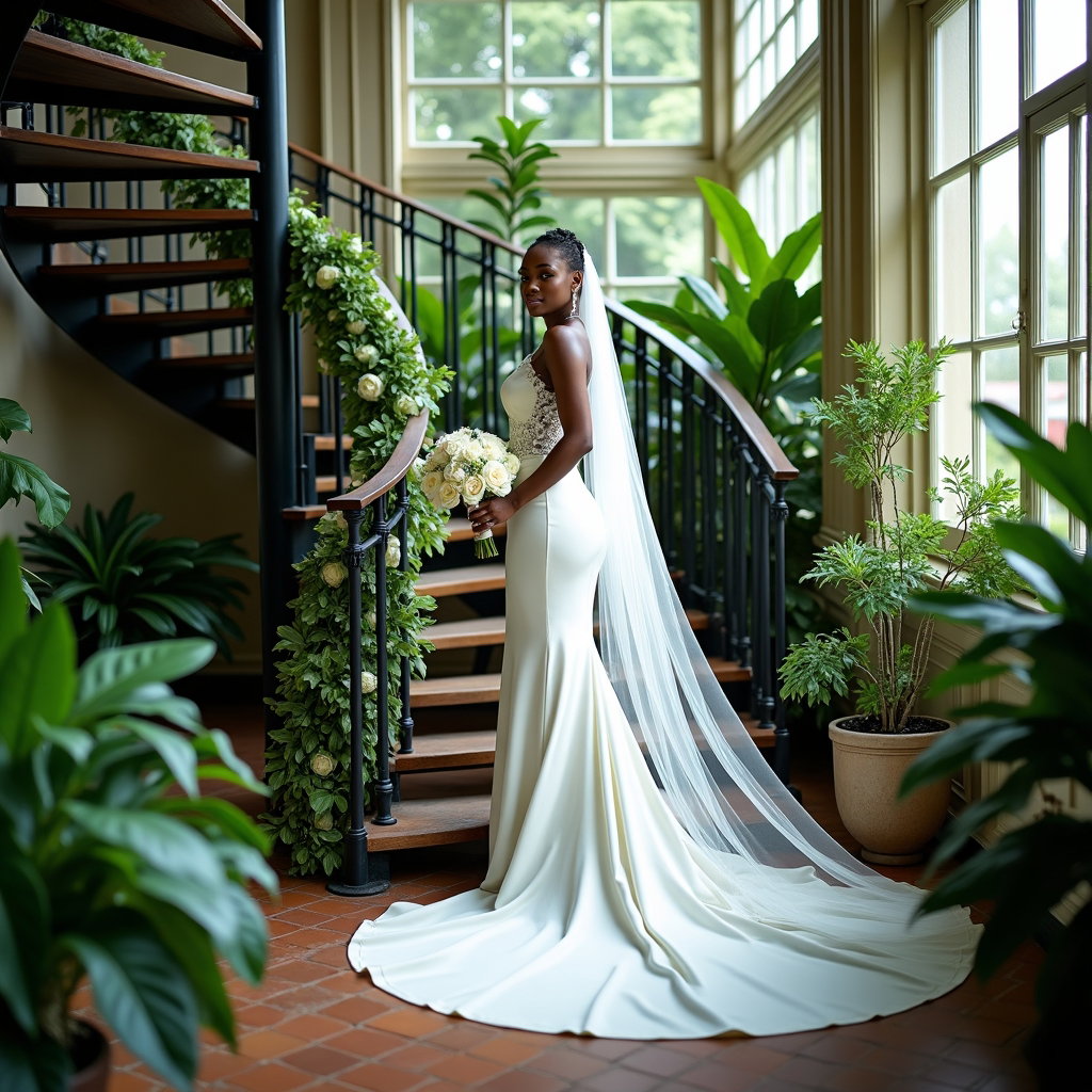 AI-generated photo: Photorealistic wedding photography. Inside a botanical conservatory, the subject pauses on a wrought...