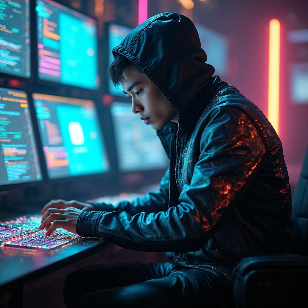 AI-generated photo: Cyberpunk character photo featuring an enigmatic hacker enveloped in a sleek, high-tech outfit compo...