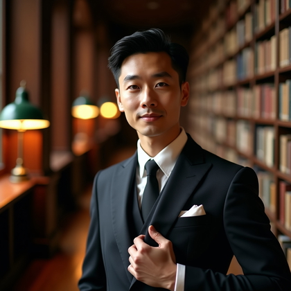 AI-generated photo: Photorealistic wedding photography portrait inside a grand library framed by floor-to-ceiling shelve...