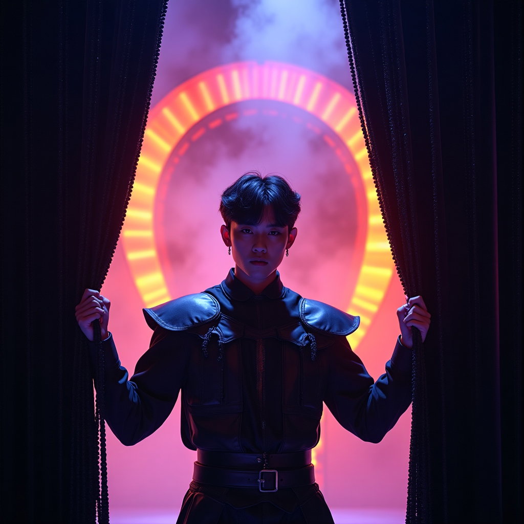 Neon Stage Warrior Close-Up example: Cinematic K-pop fantasy portrait photo. Environmental portrait at the entrance of a giant demon-mouth stage arch, the su