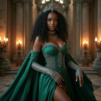 AI-generated photo: Cosplay photo depicting a charismatic villainess adorned in an alluring ensemble of dark emerald sil...