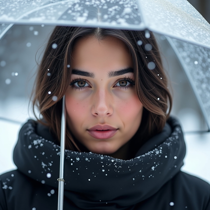 AI-generated photo: Photorealistic winter portrait photo beneath a clear bubble umbrella tilted back to allow flakes to ...
