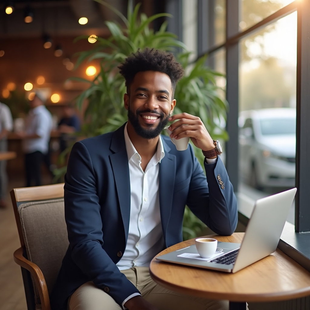 AI-generated photo: Relaxed Lifestyle Portrait photo capturing a cozy urban café scene with warm natural wood tones and ...