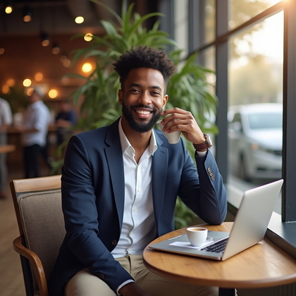 AI-generated photo: Relaxed Lifestyle Portrait photo capturing a cozy urban café scene with warm natural wood tones and ...