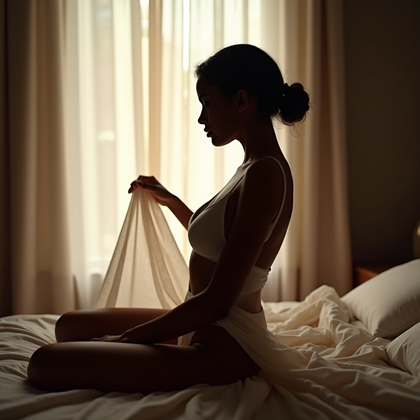 AI-generated photo: Photorealistic boudoir photography, an intimate silhouette scene with the subject seated on the edge...