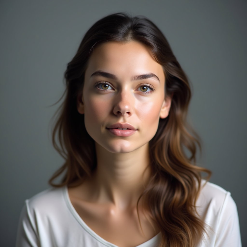 AI-generated photo: Photorealistic studio portrait. The subject is framed in a tight head-and-shoulders composition agai...