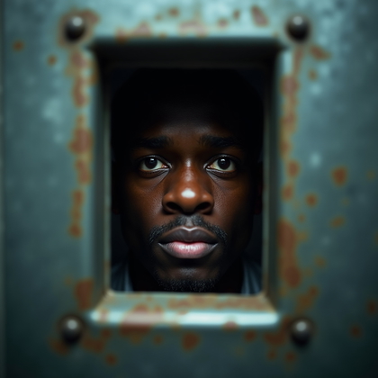 AI-generated photo: Photorealistic prison photography. The viewer peers through the narrow rectangular opening of a soli...