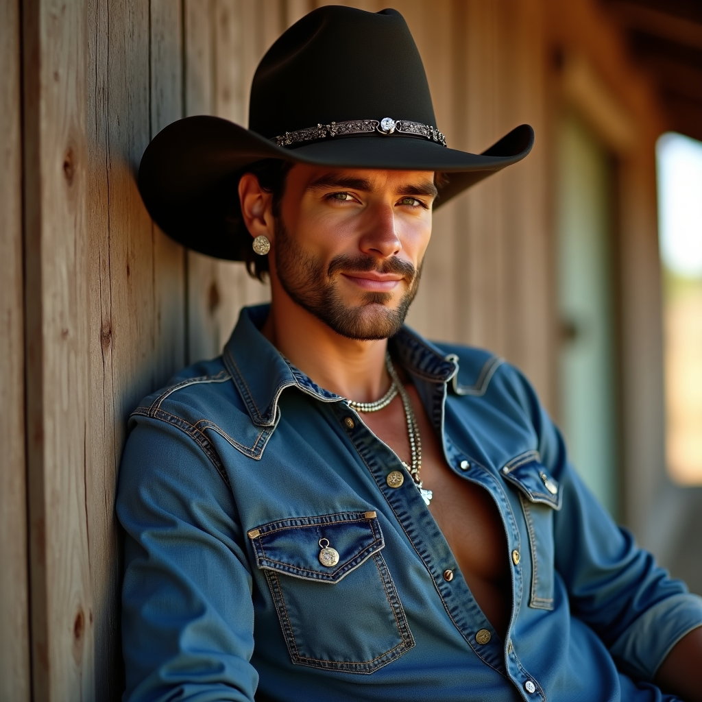AI-generated photo: Photorealistic fashion portrait, a wild-side smirk portrait staged against a weathered barn wall wit...