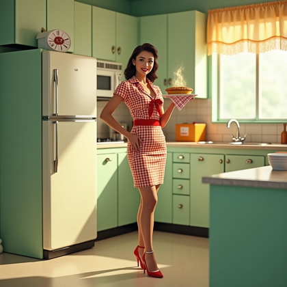 AI-generated photo: Photorealistic 1950s-style suburban kitchen pin-up portrait inside a pastel mid-century set with a m...