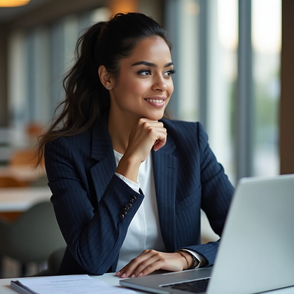 AI-generated photo: Professional headshot featuring a person seated at a sleek modern office desk with a laptop open, di...