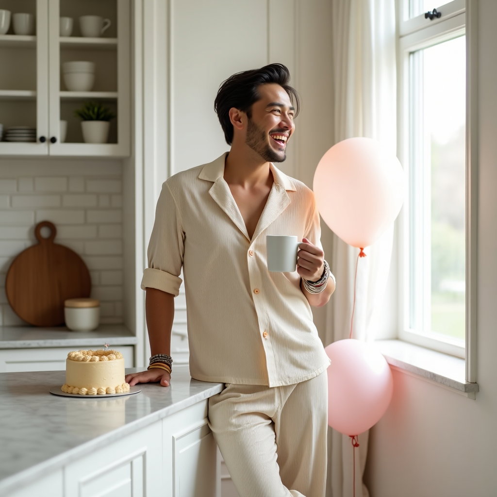Soft Birthday Morning Lifestyle Portraits example: Photorealistic lifestyle fashion portrait photography. Half-body portrait in a bright kitchen nook, with the subject lea