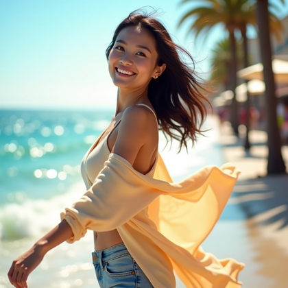 Sunlit Seaside Promenade Portraits example: Photorealistic vacation portrait. Motion/action portrait of the subject crossing the promenade with a light scarf or ope