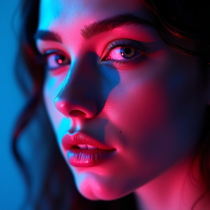AI-generated photo: Photorealistic studio beauty portrait. Extreme close-up face-only studio shot with intense saturated...