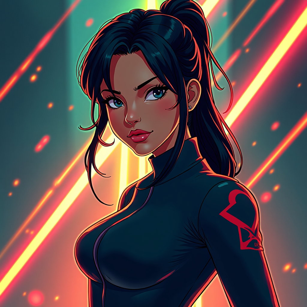 AI-generated photo: Stylized digital illustration, cinematic portrait format where the character is framed from the wais...