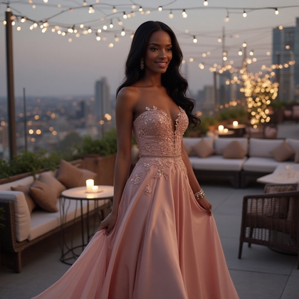 AI-generated photo: Classy and Elegant Evening Wear photo featuring a woman in a sophisticated blush pink evening gown w...