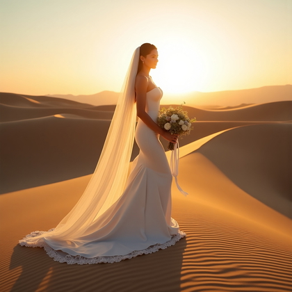 AI-generated photo: Photorealistic wedding photography: desert dunes at golden hour with rippled sand forming elegant S-...