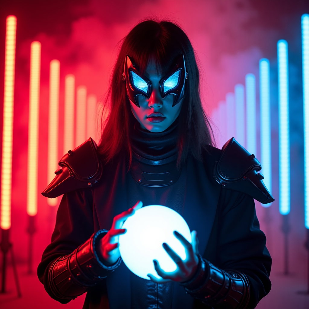 Neon Stage Warrior Close-Up example: Cinematic K-pop fantasy portrait photo. Editorial hero image in a vertical magazine-cover composition, the subject cente