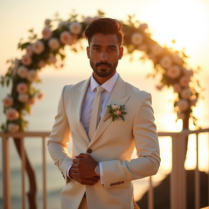 AI-generated photo: Photorealistic wedding portrait photograph at a coastal overlook during sunset, the ocean horizon an...