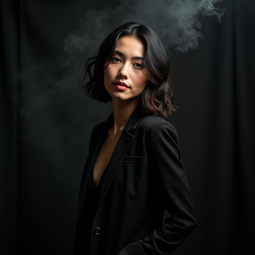AI-generated photo: Photorealistic studio portrait using a beaded chain-curtain gobo that casts crisp dotted lines acros...