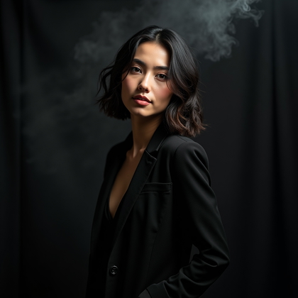 AI-generated photo: Photorealistic studio portrait using a beaded chain-curtain gobo that casts crisp dotted lines acros...