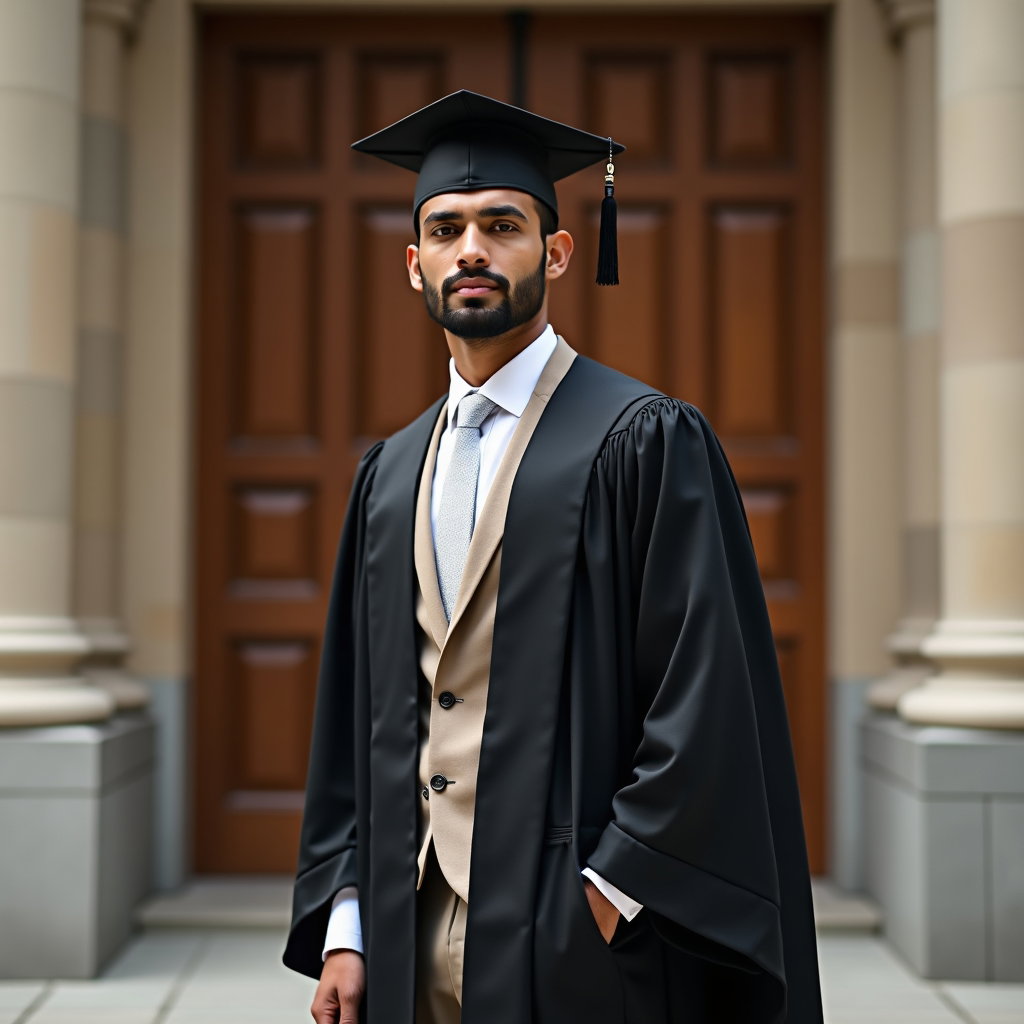 AI-generated photo: Photorealistic editorial graduation photography, an iconic cap-and-gown hero portrait created at the...