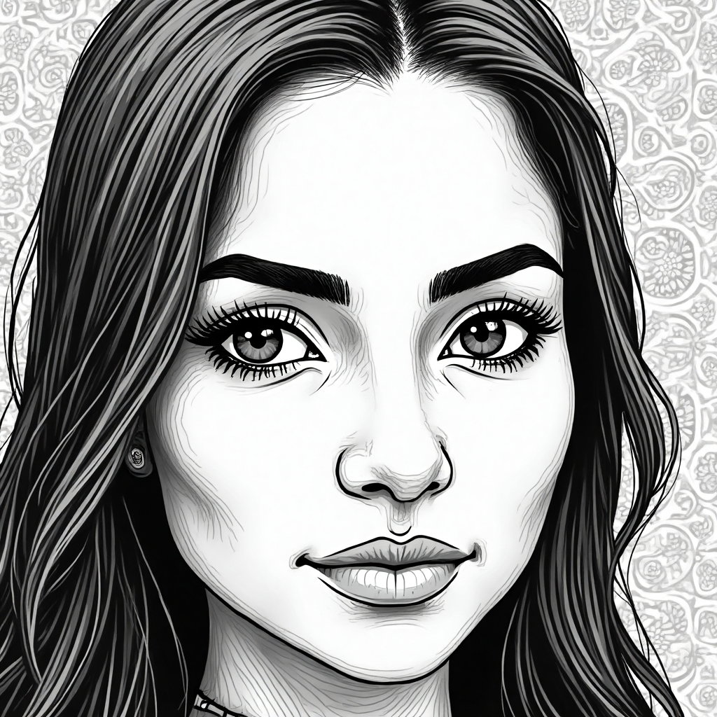 AI-generated photo: **Line art illustration.** Compose an intricate close-up of a 30-year-old Indigenous woman with a fu...