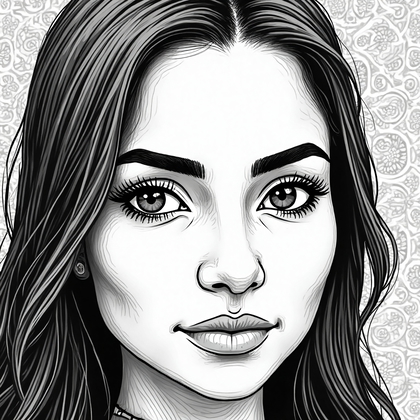AI-generated photo: **Line art illustration.** Compose an intricate close-up of a 30-year-old Indigenous woman with a fu...