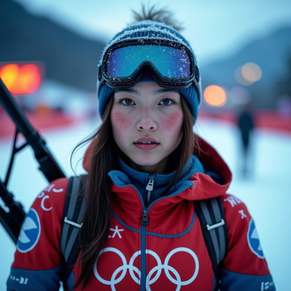 AI-generated photo: Photorealistic sports photography, tight three-quarter shot of a biathlete in the rifle rack zone ju...