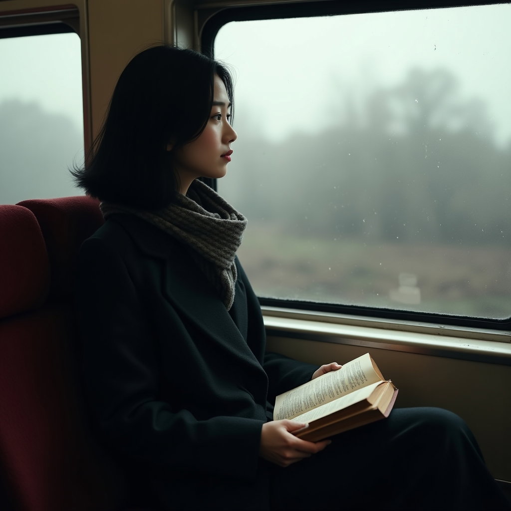 Train Window Study: Photorealistic personal travel portrait of one person seated alone beside a rain-specked train window, turned in quiet profile with a…