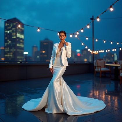 AI-generated photo: Photorealistic bridal fashion photography at blue hour; full-length portrait on a city rooftop with ...