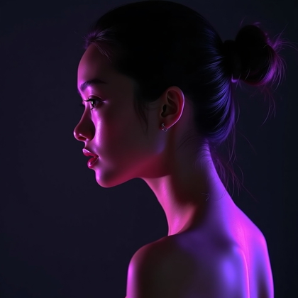 AI-generated photo: Photorealistic studio portrait. The subject is captured in a close-up profile view, body turned full...