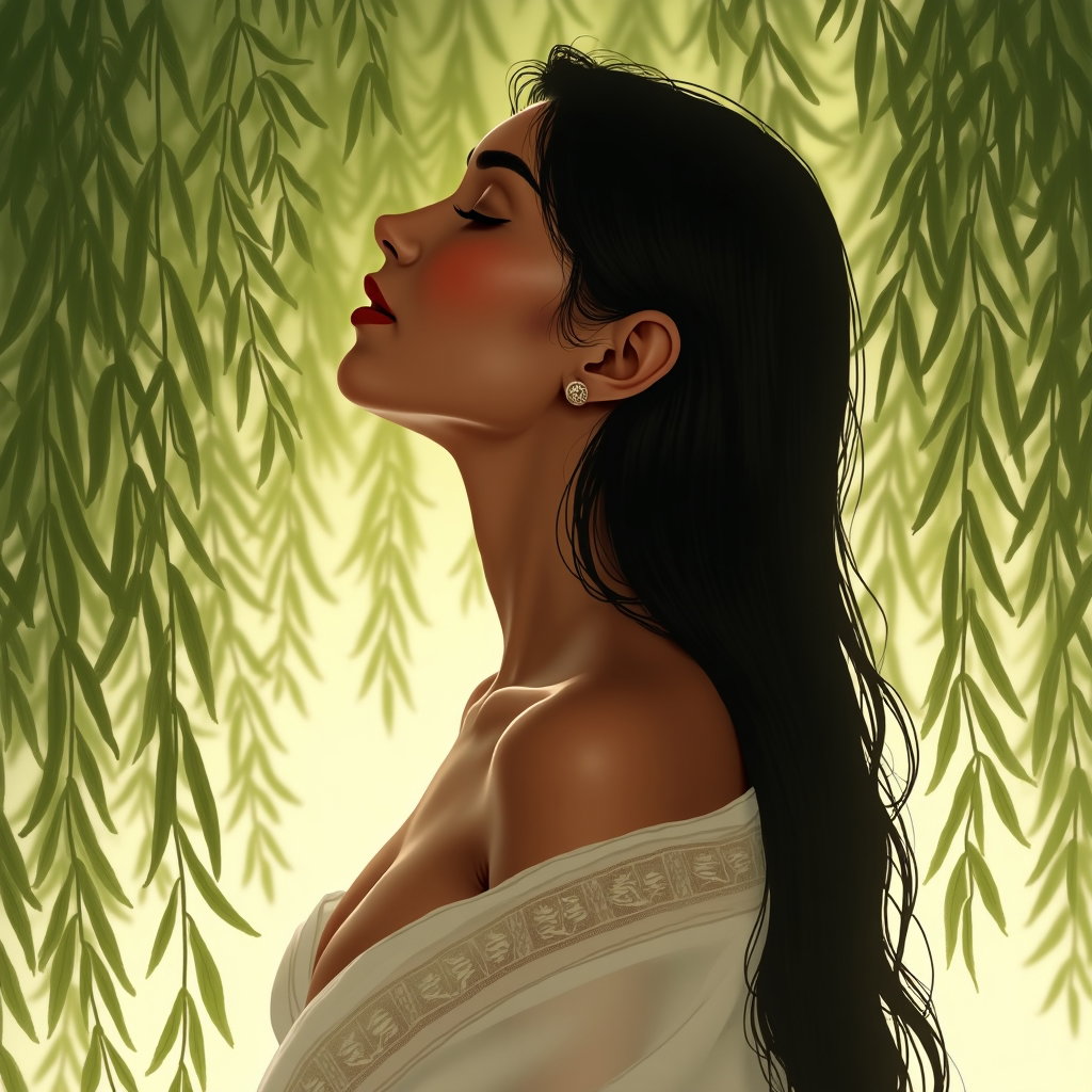 Profil à l’ombre du saule : doux portrait de profil à mi-corps sous de longues branches de saule retombantes, la personne tournée vers la verdure suspendue, les yeux fermés…